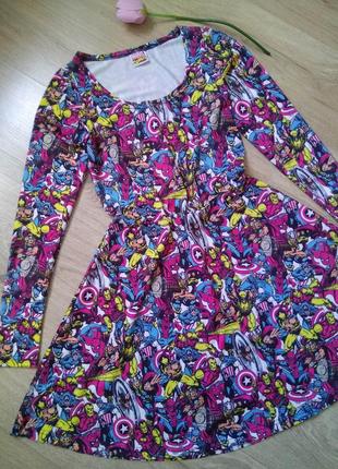 Короткое эластичное платье с принтом супергероев марвел marvel comics/трикотажное платье с рукавами 3