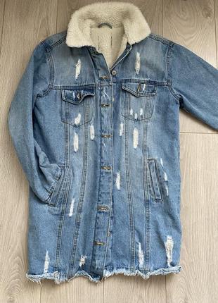 Подовжена джинсовка утеплена хутром