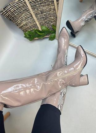 Екслюзивні чоботи з італійської шкіри та замші жіночі лак бежеві2 фото