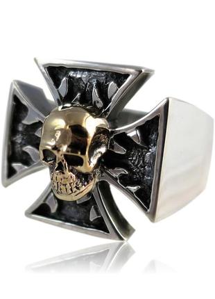 Перстень крест с черепом печатка серебро и бронза1 фото