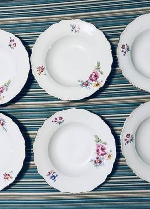 Набор фарфоровых тарелок антиквариат чехословакия цветы винтаж