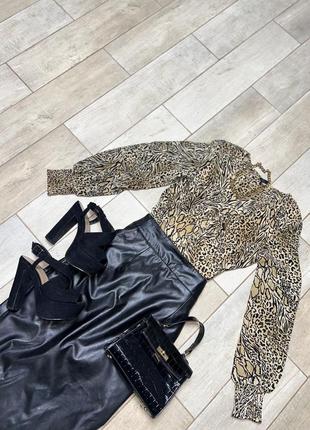 Шифонова блузка в принт,об‘ємний рукав,леопардовий принт,тигровий принт,зміїний принт (016)