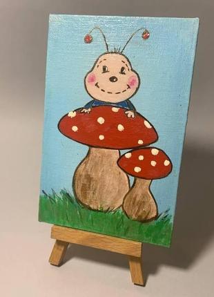 Картина акрилом ′гусеница с грибочком", живопись, уникальные картины, современная живопись, картина в детскую