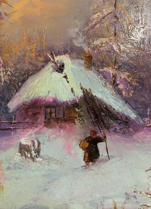 Картина маслом на холсте ′зимний пейзаж с домом′ 2007 г., картина, уникальные картины, современная живопись7 фото