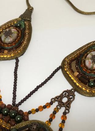 Колье из бисера, колье из натурального камня агат, колье в восточном стиле, ожерелье из бисера и камней6 фото