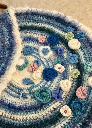 Коврик "цветы" вязаный из шерсти, коврик комнатный, коврик ручной работы, коврик синий8 фото