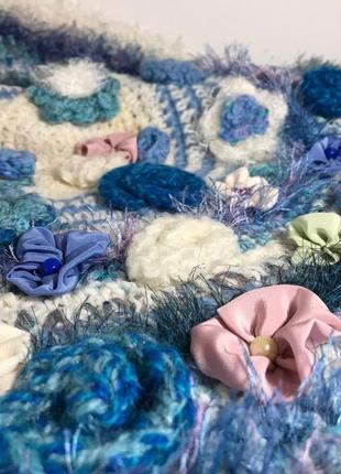 Коврик "цветы" вязаный из шерсти, коврик комнатный, коврик ручной работы, коврик синий2 фото