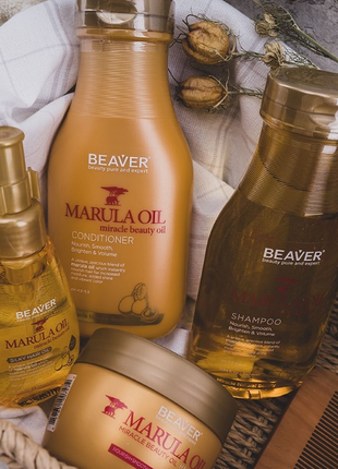 Набір для сухого та пошкодженого волосся beaver marula oil: шампунь350 кондиціонер350+маска250+олія1001 фото