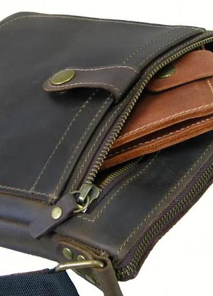 Мужская тонкая кожаная сумка через плечо из натуральной кожи планшет мессенджер без клапана коричневая3 фото
