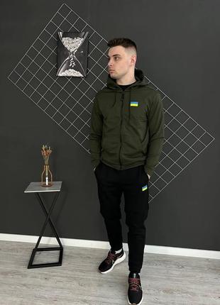 Спортивний костюм з принтом  прапор україни🇺🇦 кофта на змійці хакі + штани