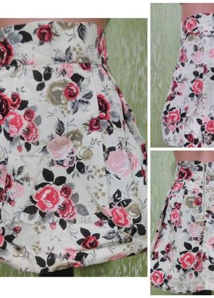 Шикарная, пышная юбка- колокол, с цветочным принтом, 100%- хлопок/ розы/h&m2 фото
