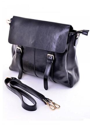 Женская деловая ,повседневная кожаная черная сумка -портфель с длинной ручкой