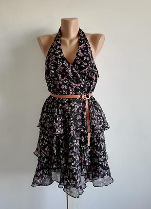 🌹 чёрное платье с воланами в мелкий цветочный принт 🌹 сарафан 🌹 платье миди открытая спина