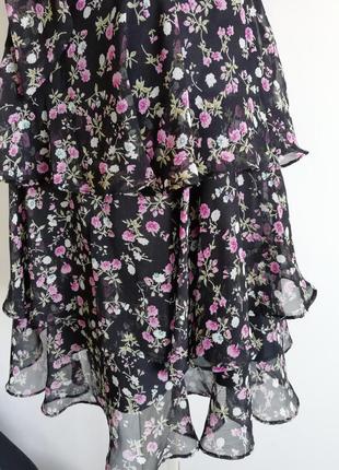 🌹 чорне плаття з воланами в дрібний квітковий принт 🌹 сарафан 🌹 плаття міді відкрита спина5 фото
