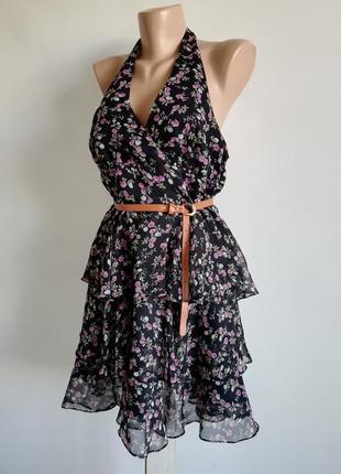 🌹 чорне плаття з воланами в дрібний квітковий принт 🌹 сарафан 🌹 плаття міді відкрита спина9 фото