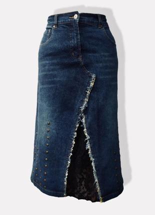 Стильная джинсовая юбка с разрезом,с кружевом1 фото