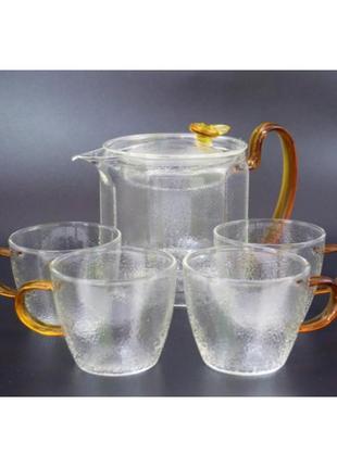 Набір чайник із ситом (600ml) + 4 чашки (100ml) термоскло