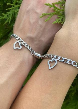 Парные браслеты неразлучники с подвесками два сердца