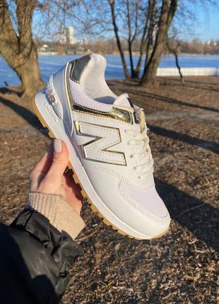 New balance 574 white gold female жіночі кросівки беланс з сіткою білі золотисті золоті демісезон весна осінь