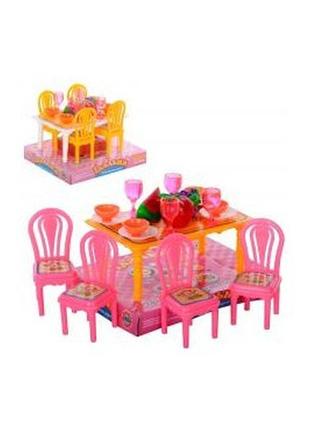Мебель для кукол "столовая", стол, 4 стула, посуда, фрукты, 9671 фото