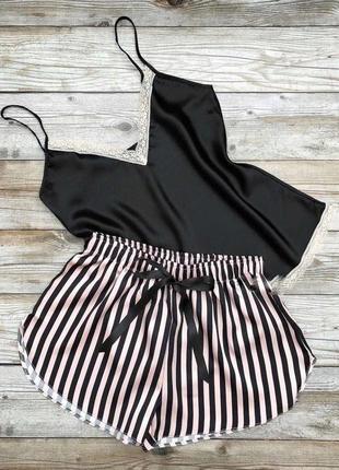 Піжама атлас, жіноча, шорти+майка, комплект для дому, чорна пудра, р. 2xl туреччина