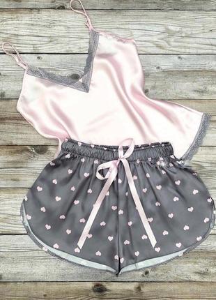 Піжама атлас, жіноча, шорти+майка, комплект для дому, сіра пудра, р. м-l туреччина