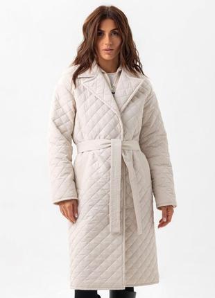 Пальто женское миди средней длины стеганое деми, демисезонное, осеннее, весеннее молочное4 фото