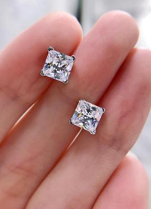 Классические пусеты 925 квадратный камень | огранка "принцесса" | сияние как бриллиант | подарок