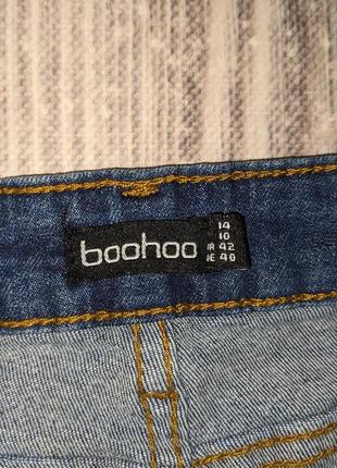 Синие джинсы с потертостями высокая посадка boohoo #20876 фото