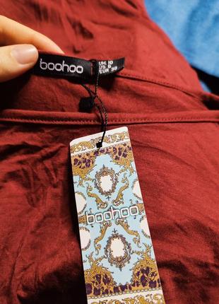 Boohoo платье футболка с воланом трикотаж бордо бордовое винное марсала вишневое бургунди новое6 фото