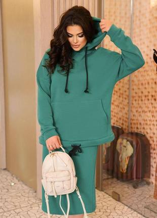 Костюм женский зеленый однотонный на флисе оверсайз худи с капишоном с карманом юбка миди на высокой посадке стильный теплый3 фото