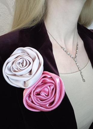 Брошь роза из ткани розовая ручная работа2 фото