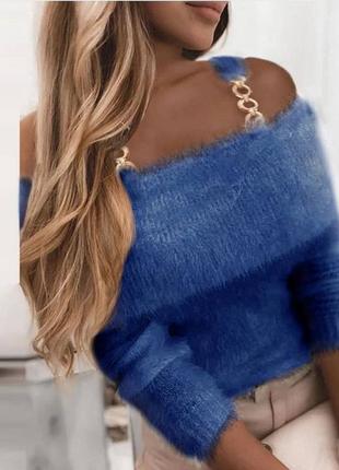 Кофта женская синяя однотонная на брителях с открытым плечами на длинный рукав теплая стильная качественная турецкая ангора1 фото