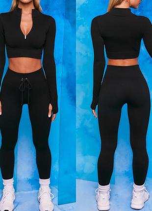 Жіночий спортивний костюм для фітнесу 2 в 1 (леггінці та рашгард) чорного кольору, розмір s