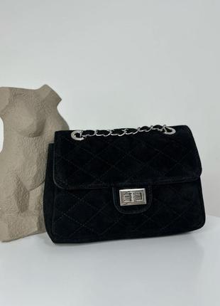 Черная стеганая кожаная замшевая сумка кроссбоди в стиле шанель, италия4 фото