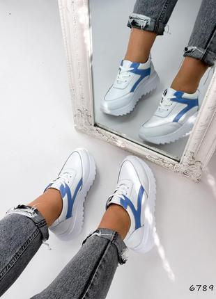 Натуральні шкіряні білі кросівки з блакитними вставками5 фото
