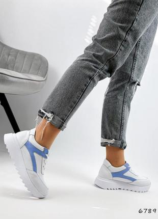 Натуральні шкіряні білі кросівки з блакитними вставками7 фото
