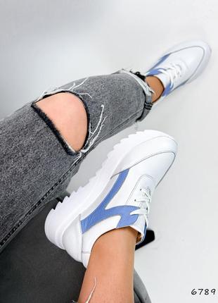 Натуральні шкіряні білі кросівки з блакитними вставками6 фото