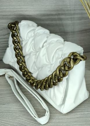 Жіноча біла сумочка-клатч, крос-боді, якісна еко-шкіра, з ручкою у вигляді ланцюга та плечовим ременем