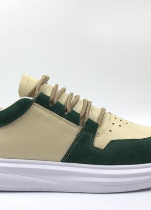 Бежево зеленые кроссовки летние кеды кожаные женская обувь повседневная cosmo shoes finni green2 фото