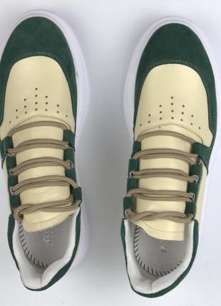 Бежево зеленые кроссовки летние кеды кожаные женская обувь повседневная cosmo shoes finni green9 фото