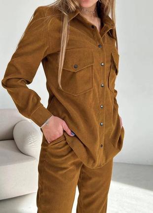 Женский брючный костюм прогулочный коричневый вельветовый тройка с рубашкой джогерами панамой весенний3 фото
