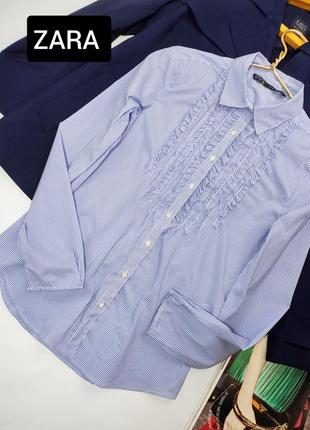 Рубашка женская голубая в полоску из жабо прямого кроя от бренда zara m l
