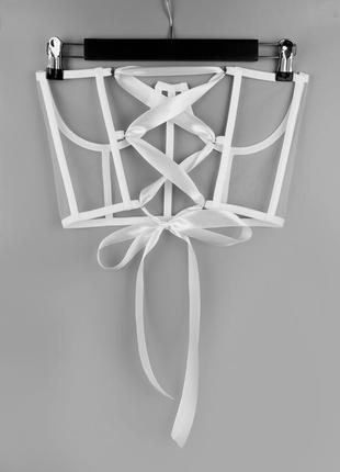 Нежный подгрудный белый корсет из сеточки на шнуровке с атласной лентой7 фото