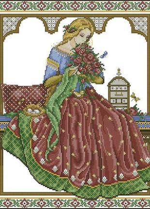 Набор для вышивания крестиком девушка с цветами. размер: 26,8*31 см