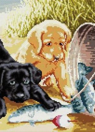 Набір для вишивання хрестиком цуценята на річці. розмір: 42*22 см