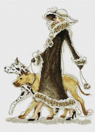 Набір для вишивання хрестиком жінка з псами. розмір: 20*27 см
