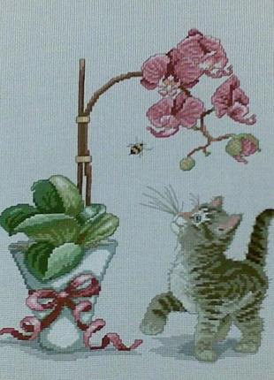 Набор для вышивки крестом орхидея и котенок. размер: 22*26,8 см