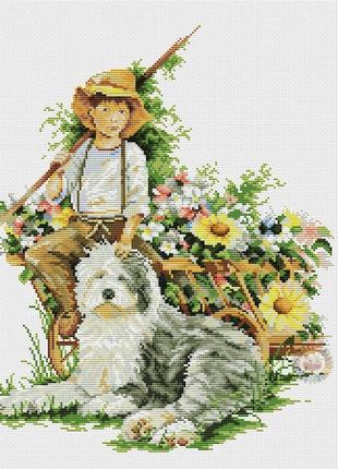 Набір для вишивання хрестиком хлопчик із псом розмір: 27*32 см