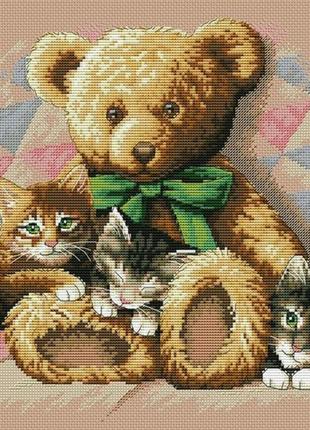 Набір для вишивання хрестиком ведмедик і кошенята. розмір: 30*24 см